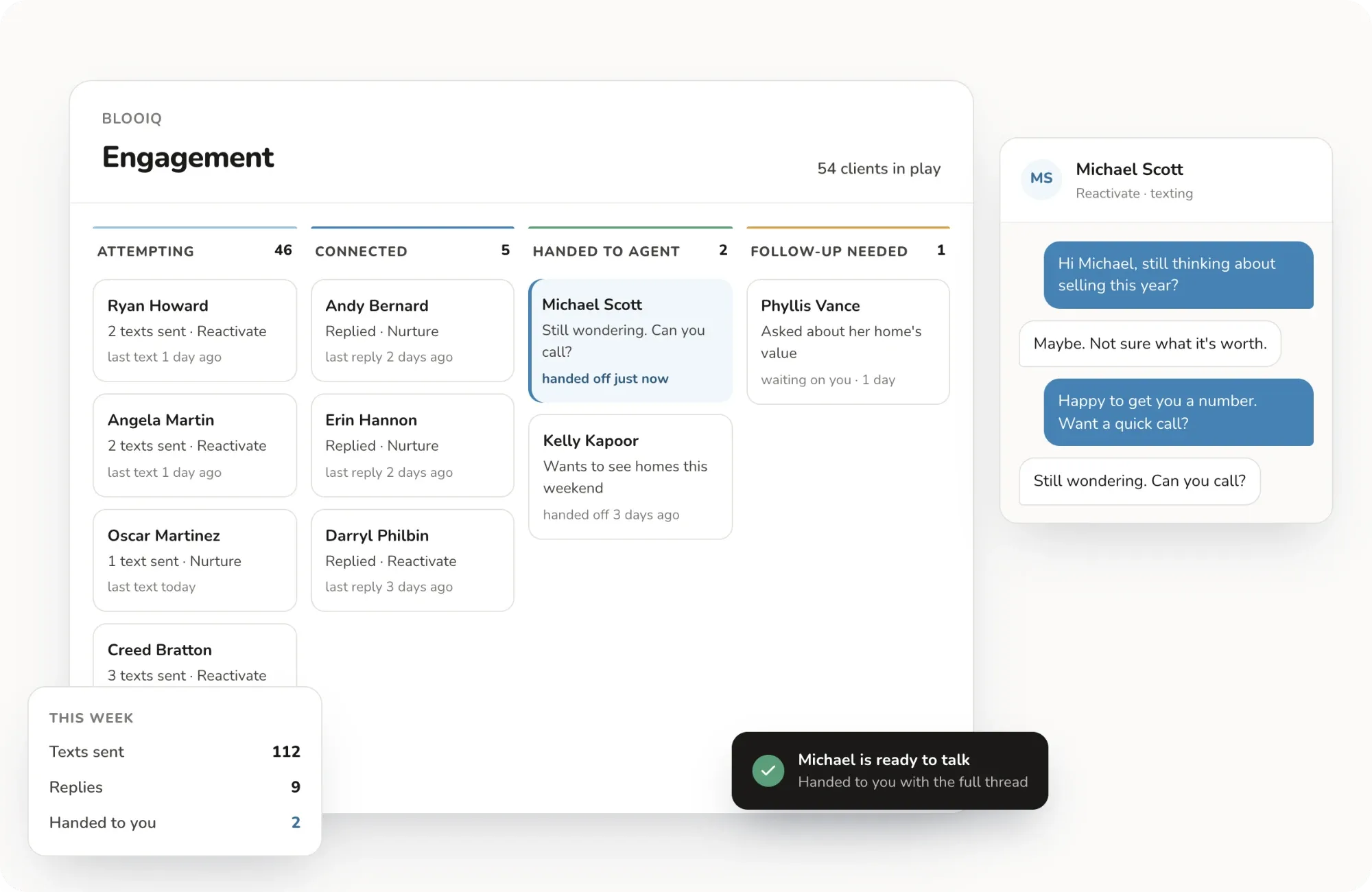 BlooIQ Engagement pipeline: leads grouped into Attempting, Connected, Handed to agent, and Follow-up needed, with an open conversation and this week's totals