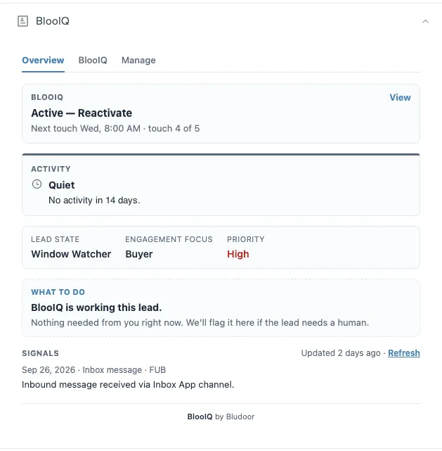 BlooIQ panel inside a Follow Up Boss lead record: status, next touch, lead state, priority, and what to do next